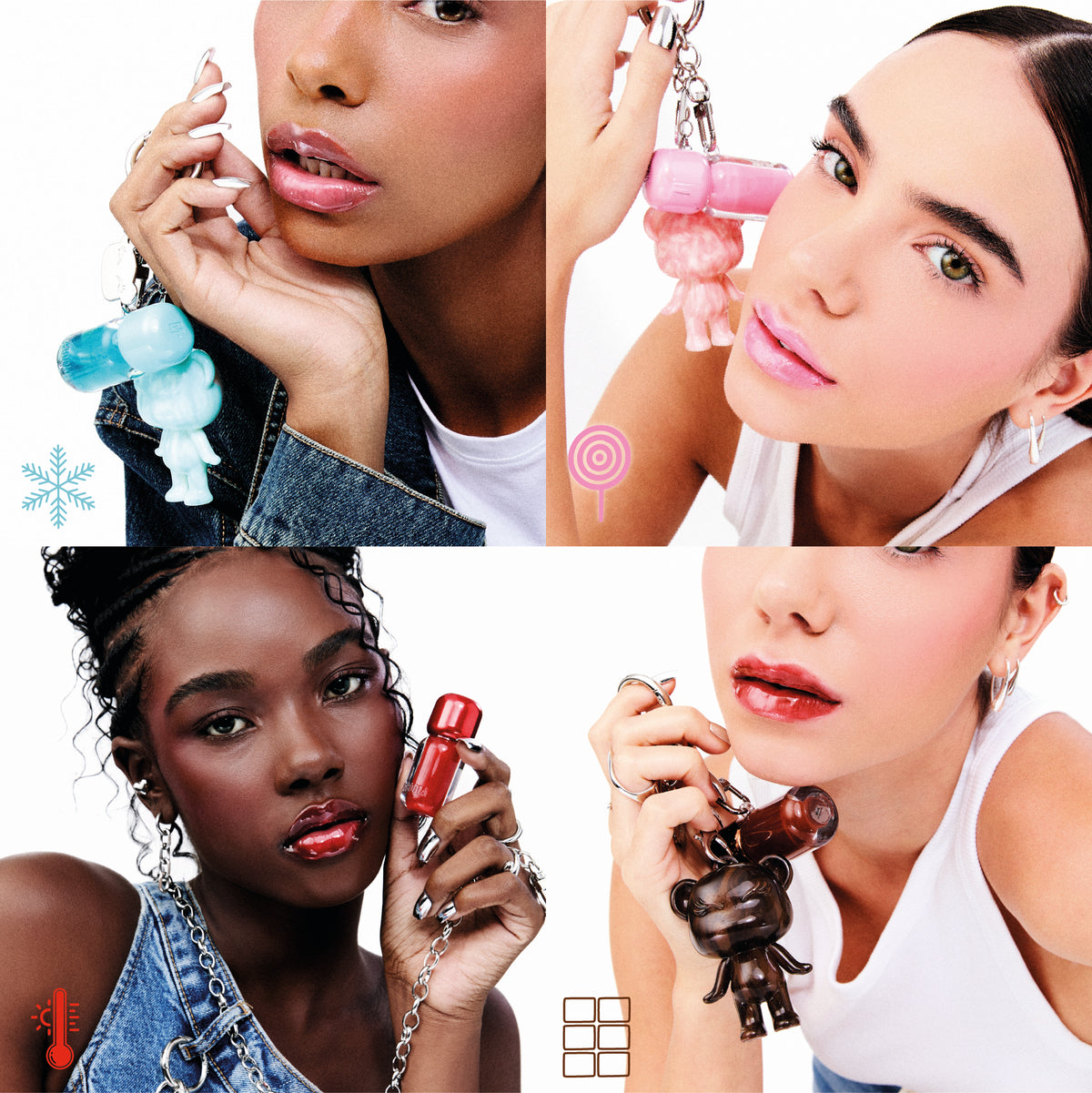 Colagem editorial com os glosses e Mboomies da Secret Boom Box